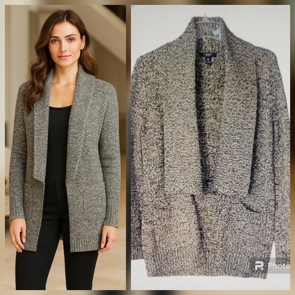 Heathered Open Front Neutral Cardigan Long Sweater Shawl Collar Patch Pockets - Picture 1 of 11